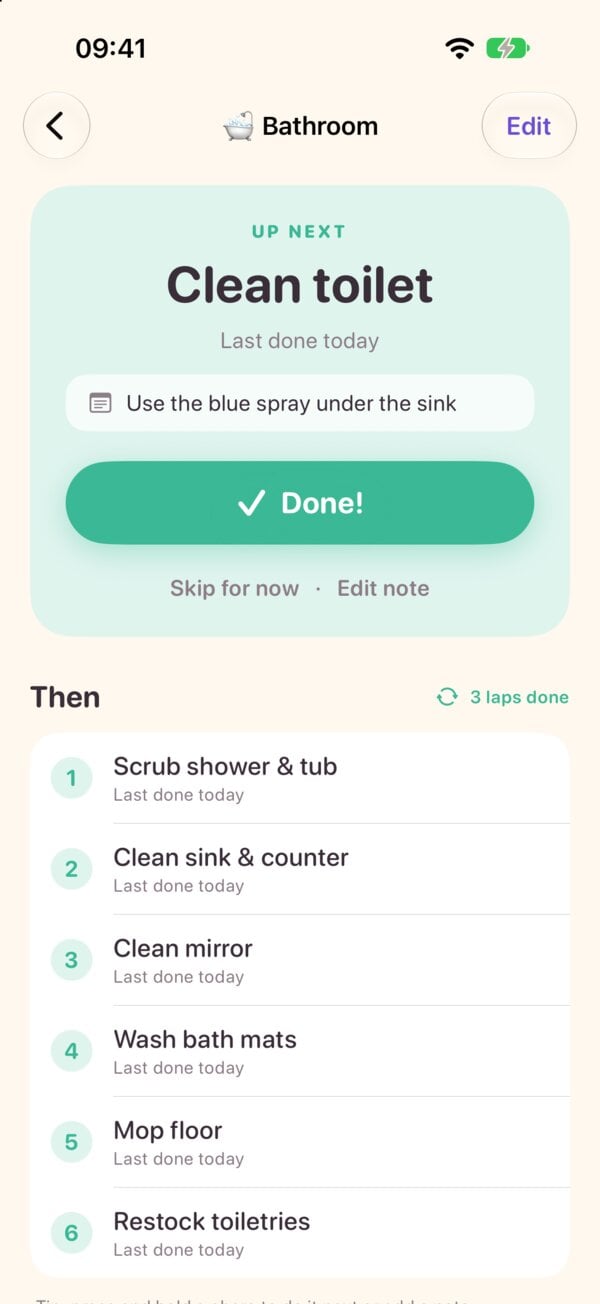 Bathroom loop with Clean toilet up next, a note reading Use the blue spray under the sink, and 3 laps done